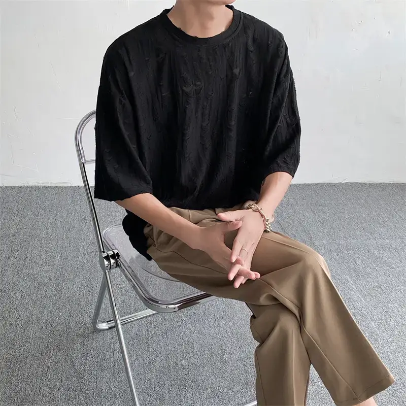 Men Black Ripped T-Shirt Summer Casual Korean Style - Image 8