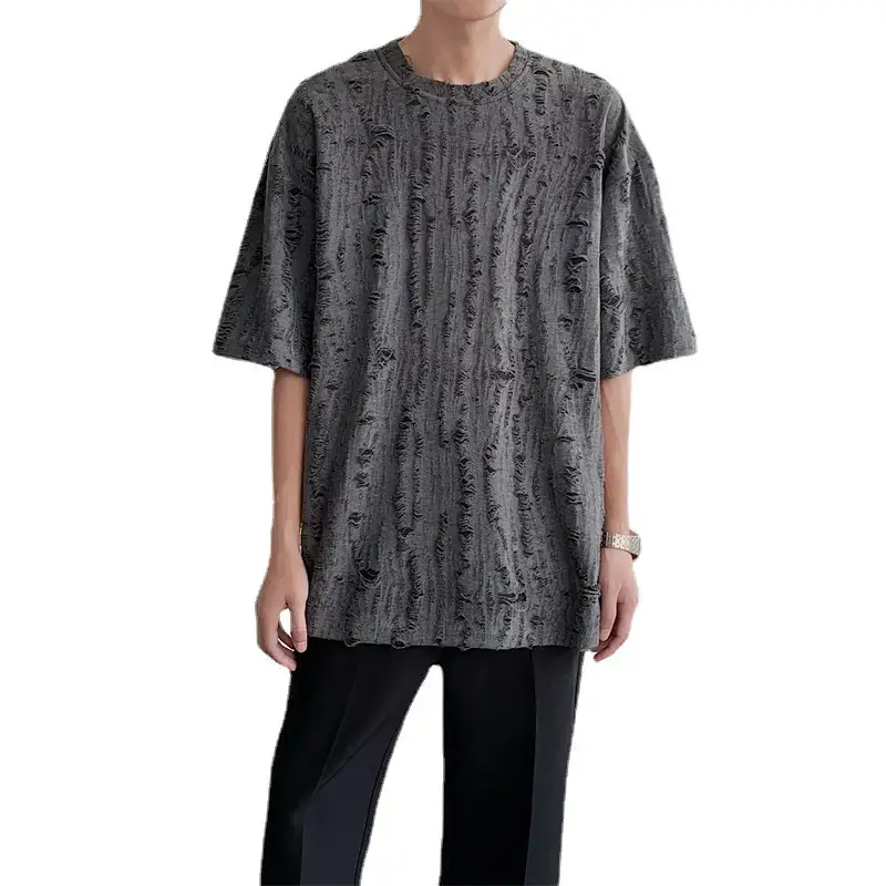 Men Black Ripped T-Shirt Summer Casual Korean Style - Image 9