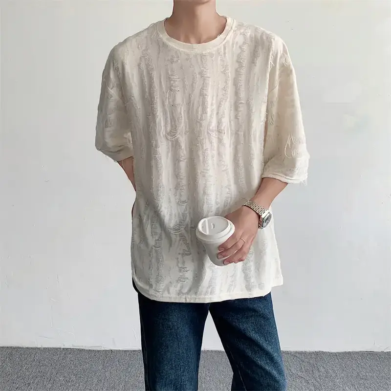 Men Black Ripped T-Shirt Summer Casual Korean Style - Image 2
