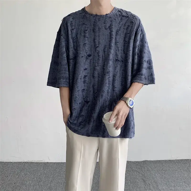 Men Black Ripped T-Shirt Summer Casual Korean Style - Image 4