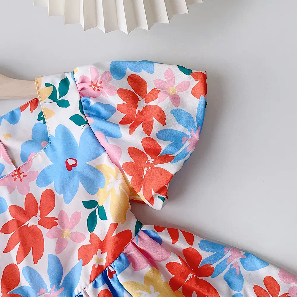 Floral Backless Dress for Girls Summer Puff Sleeve