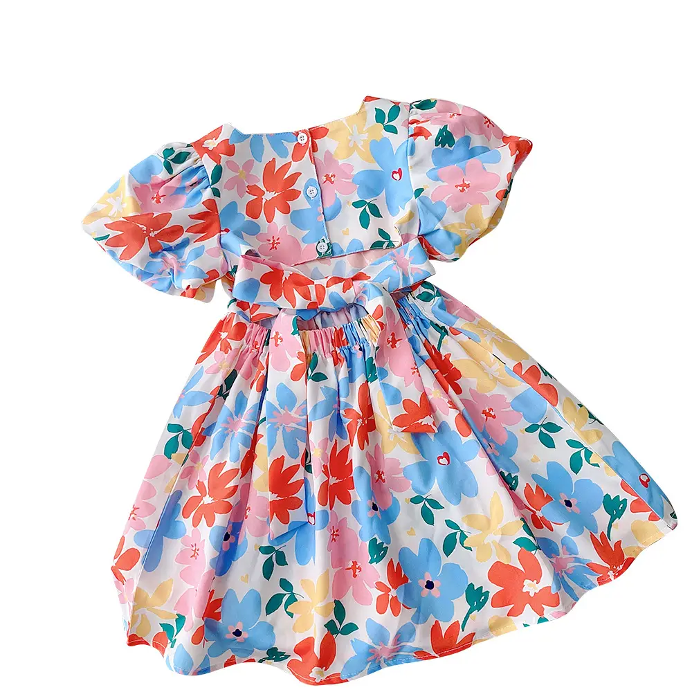 Floral Backless Dress for Girls Summer Puff Sleeve