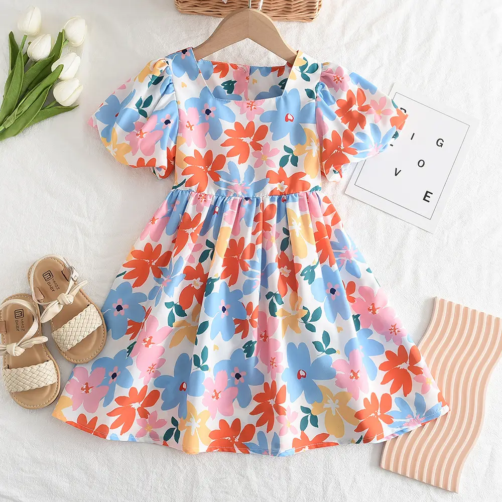 Floral Backless Dress for Girls Summer Puff Sleeve — feature 3
