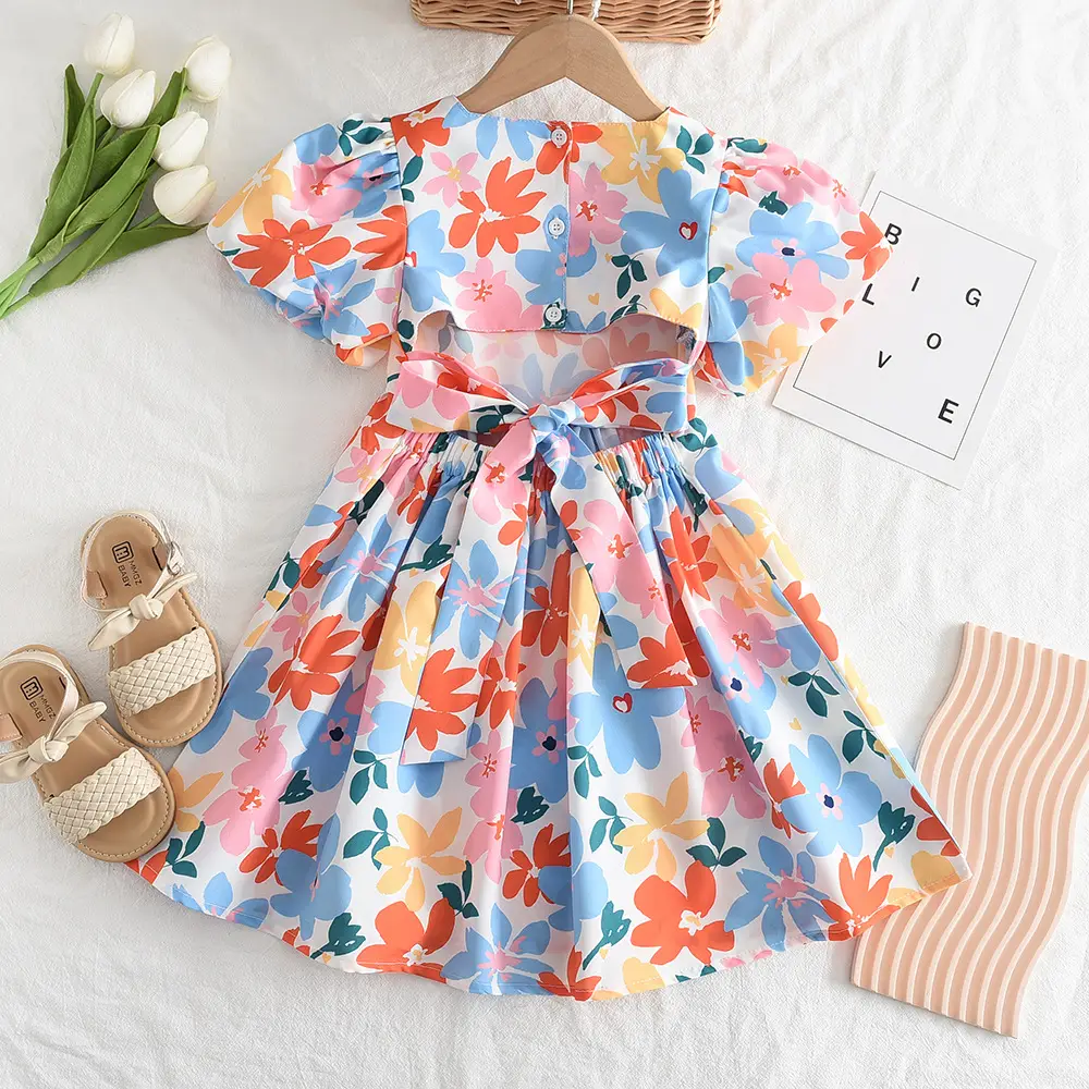 Floral Backless Dress for Girls Summer Puff Sleeve — feature 4