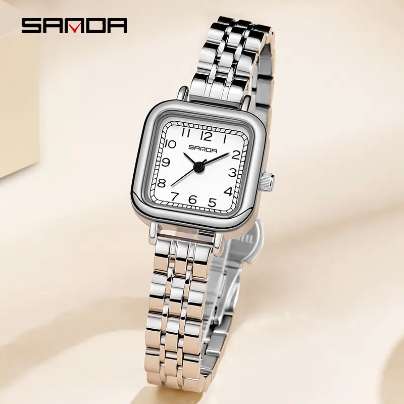 Sanda Women's Brown Leather Square Watch with Gold Plated Case