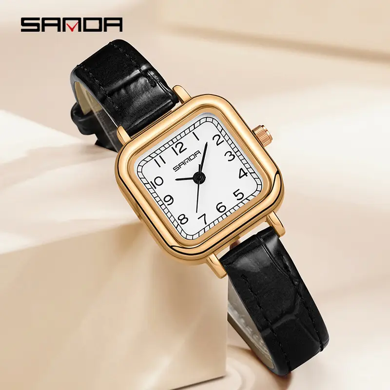 Sanda Women's Brown Leather Square Watch with Gold Plated Case