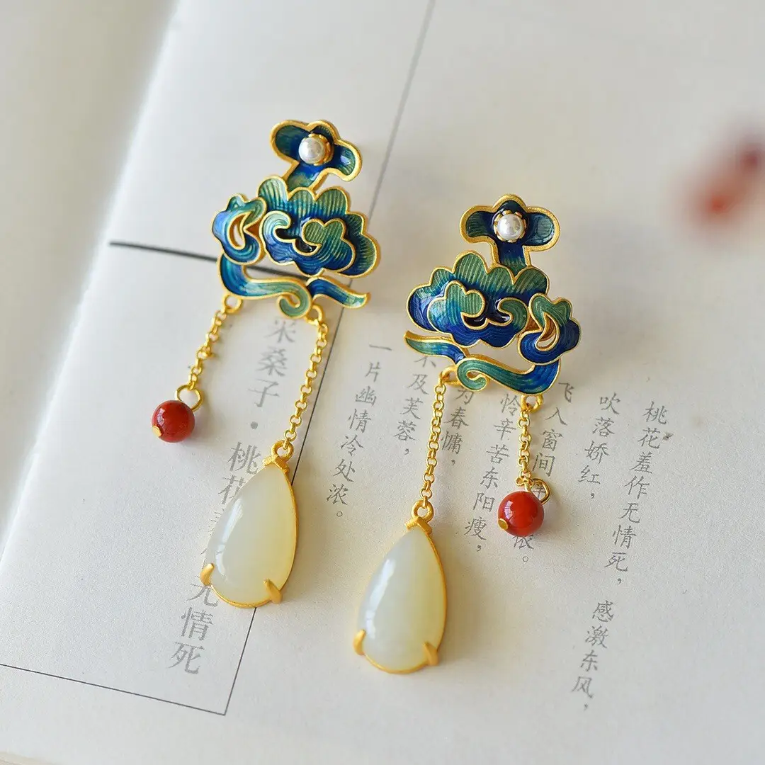 Vintage Hetian Jade Earrings with Red Drop - Image 5