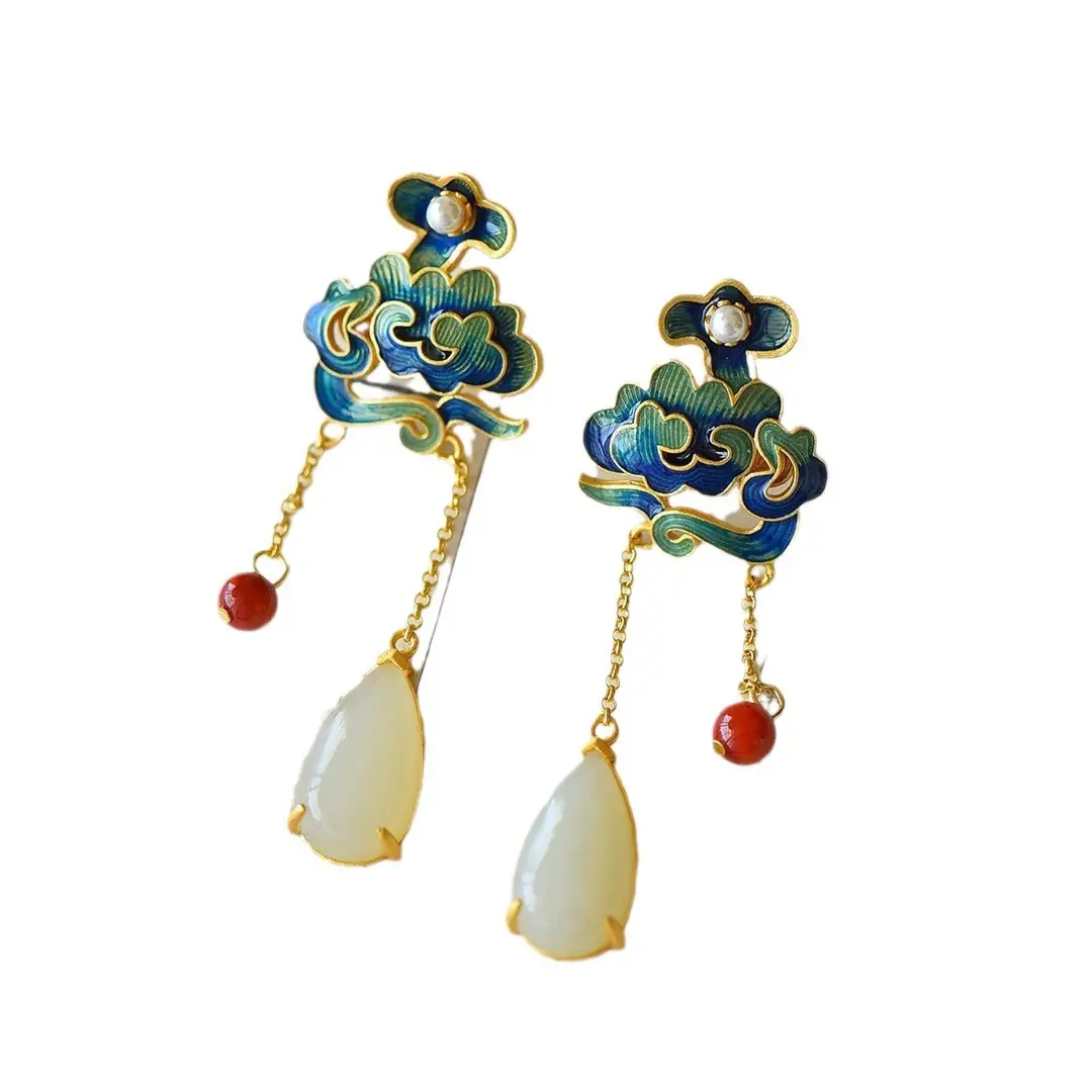 Vintage Hetian Jade Earrings with Red Drop - Image 6