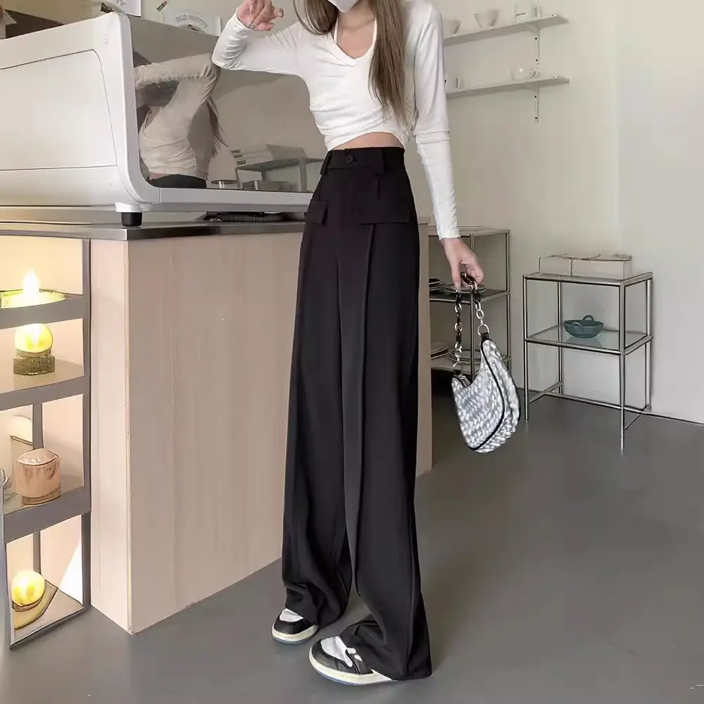 Women's Black Wide Leg Pants with High Waist Slimming Design - Image 4