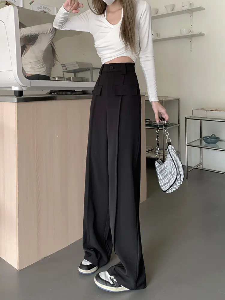 Women's Black Wide Leg Pants with High Waist Slimming Design - Image 2