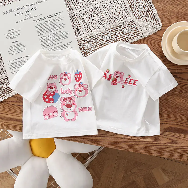 Girls White Anime Bear T-Shirt Baby Half Sleeve New