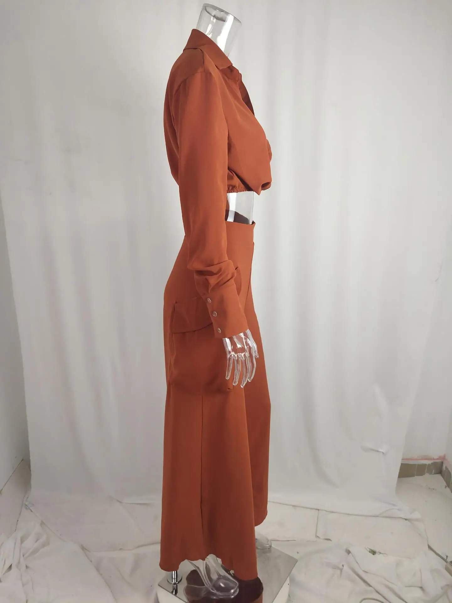 Women's Orange Silk Long Sleeve Winter Suit with Waist Tie — feature 33