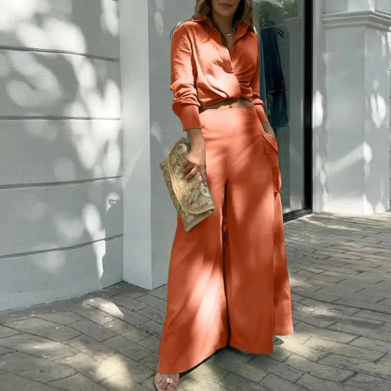 Women's Orange Silk Long Sleeve Winter Suit with Waist Tie — feature 37