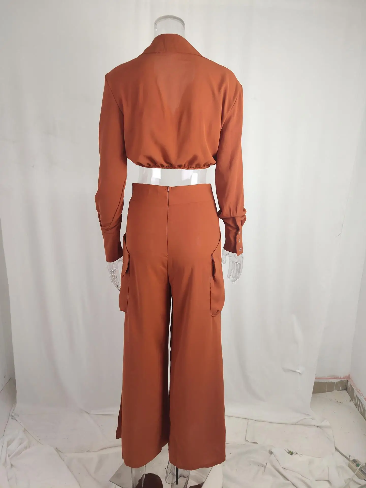 Women's Orange Silk Long Sleeve Winter Suit with Waist Tie — feature 48