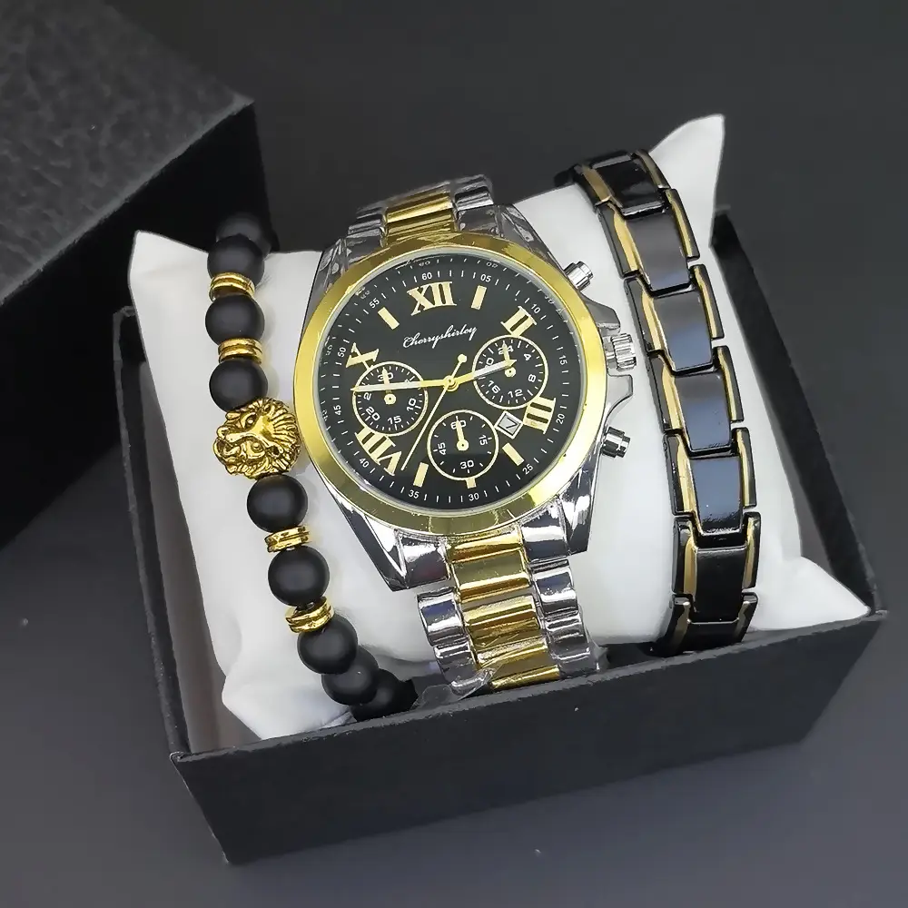 Men's Steel Band Quartz Watch with Calendar