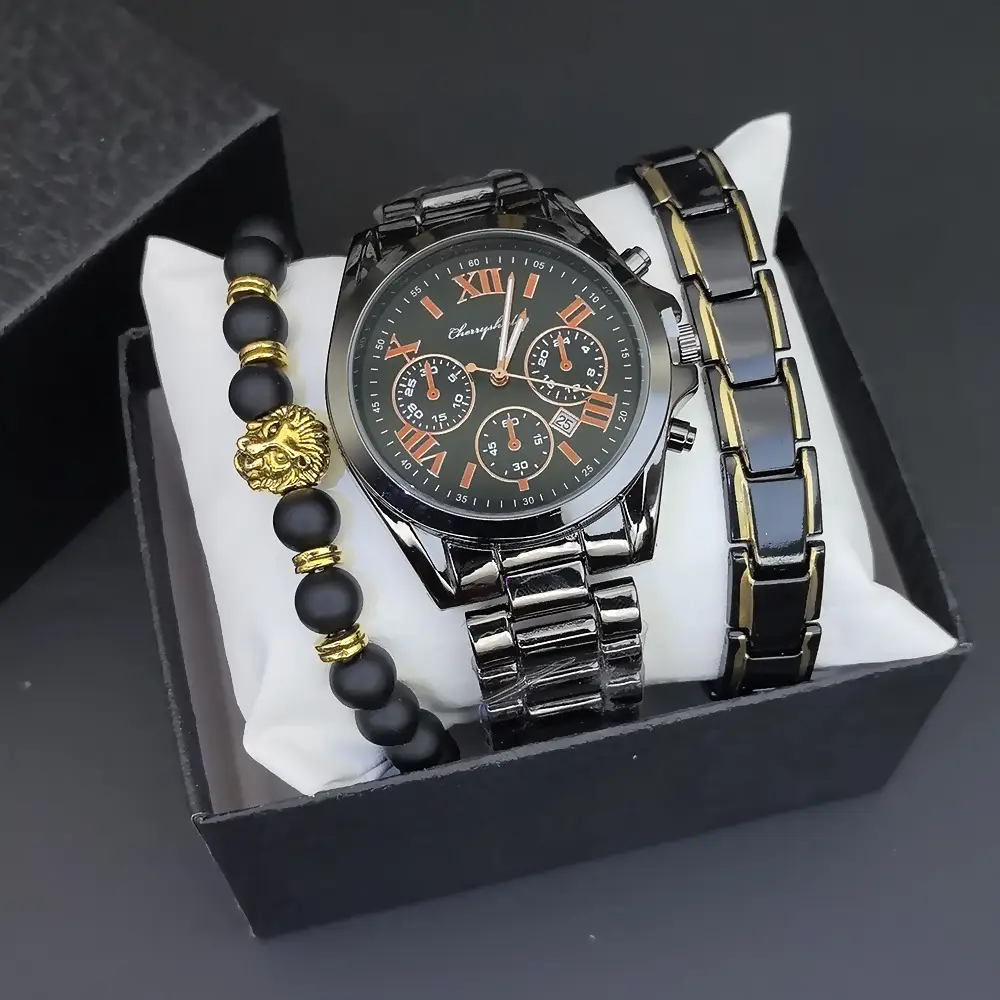 Men's Steel Band Quartz Watch with Calendar