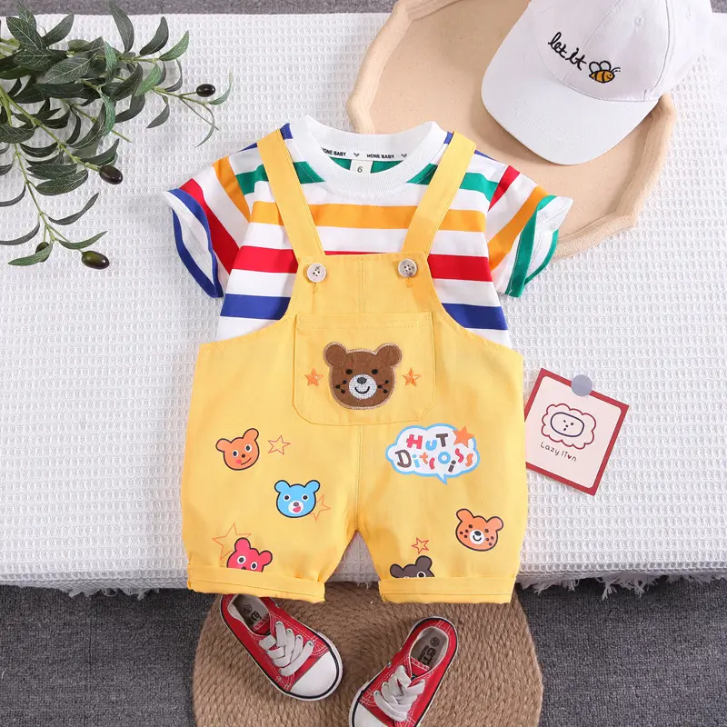 Summer Palm Print Bear Overalls Set for Boys Girls 1-3Y - Image 2