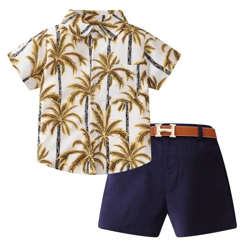Summer Palm Print Bear Overalls Set for Boys Girls 1-3Y - Image 3