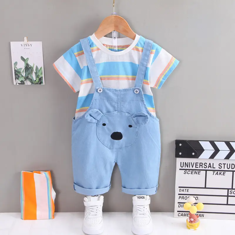 Summer Palm Print Bear Overalls Set for Boys Girls 1-3Y - Image 8