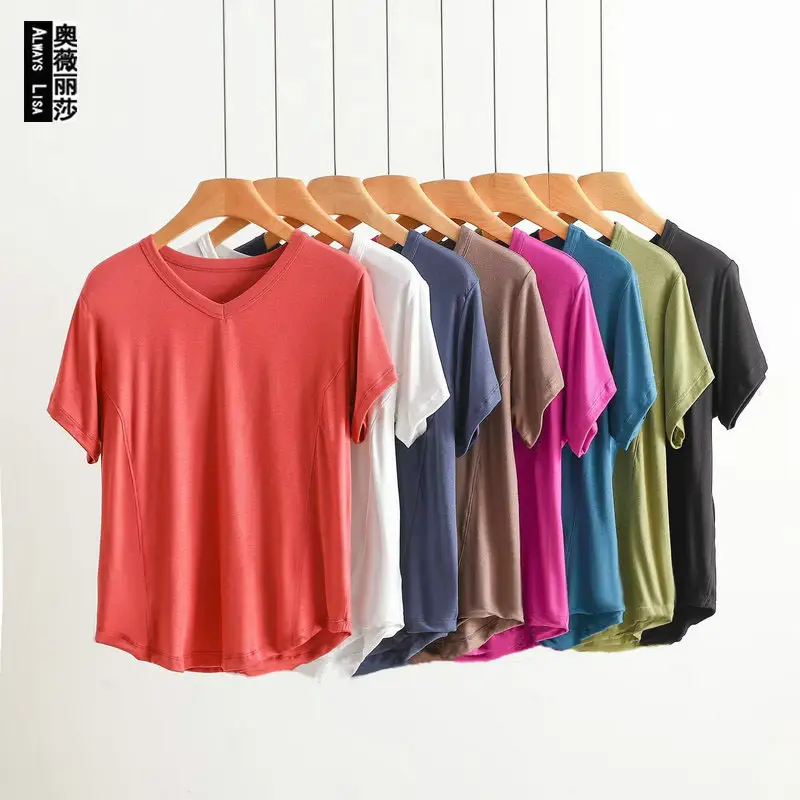 Women V-Neck Cotton T-Shirt Plus Size Pink - Image 9