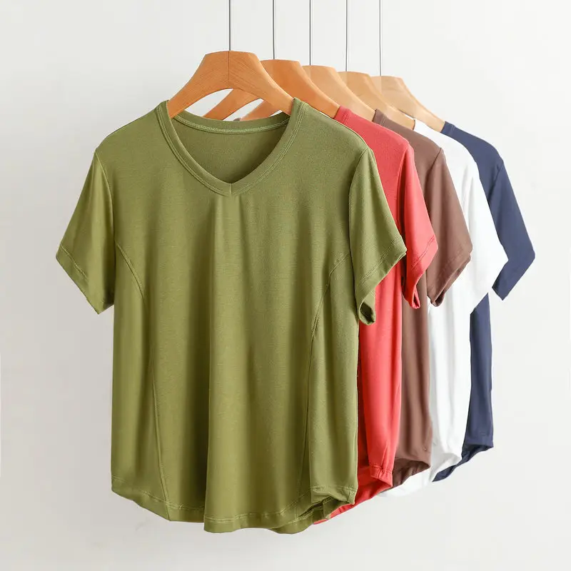 Women V-Neck Cotton T-Shirt Plus Size Pink — feature 3
