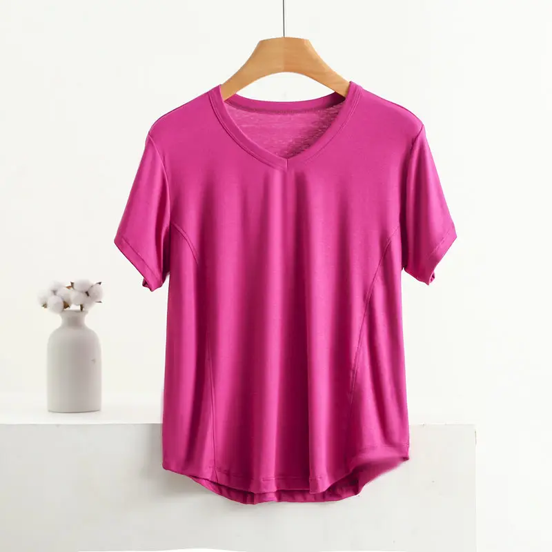 Women V-Neck Cotton T-Shirt Plus Size Pink — feature 4