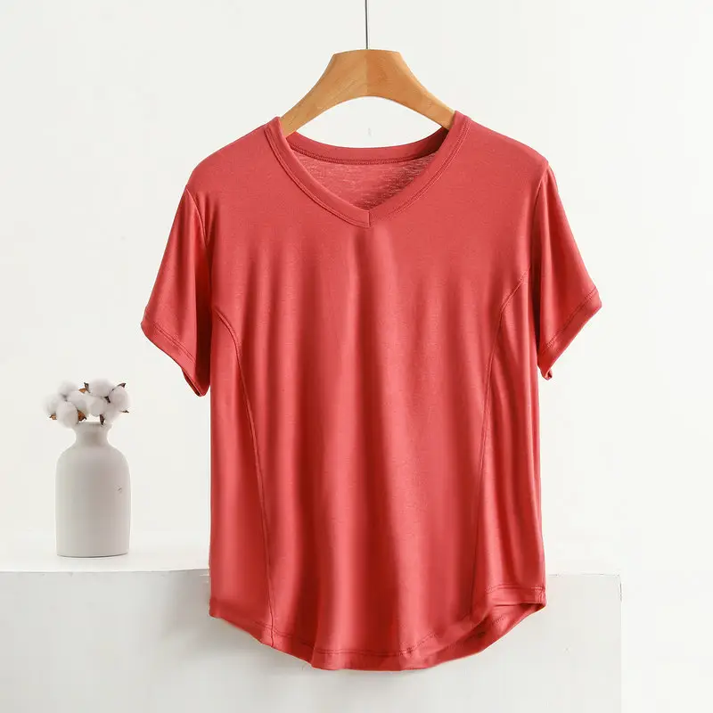 Women V-Neck Cotton T-Shirt Plus Size Pink - Image 3