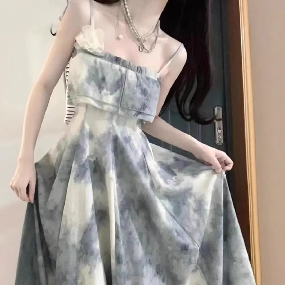 Vintage Ink Tie-Dye Chest Wrap Dress Women 2025 Summer - Image 6