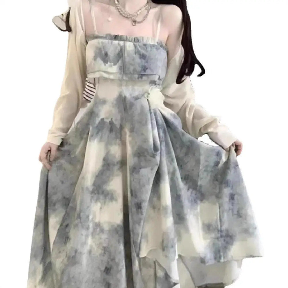 Vintage Ink Tie-Dye Chest Wrap Dress Women 2025 Summer - Image 8