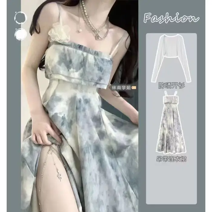 Vintage Ink Tie-Dye Chest Wrap Dress Women 2025 Summer - Image 3