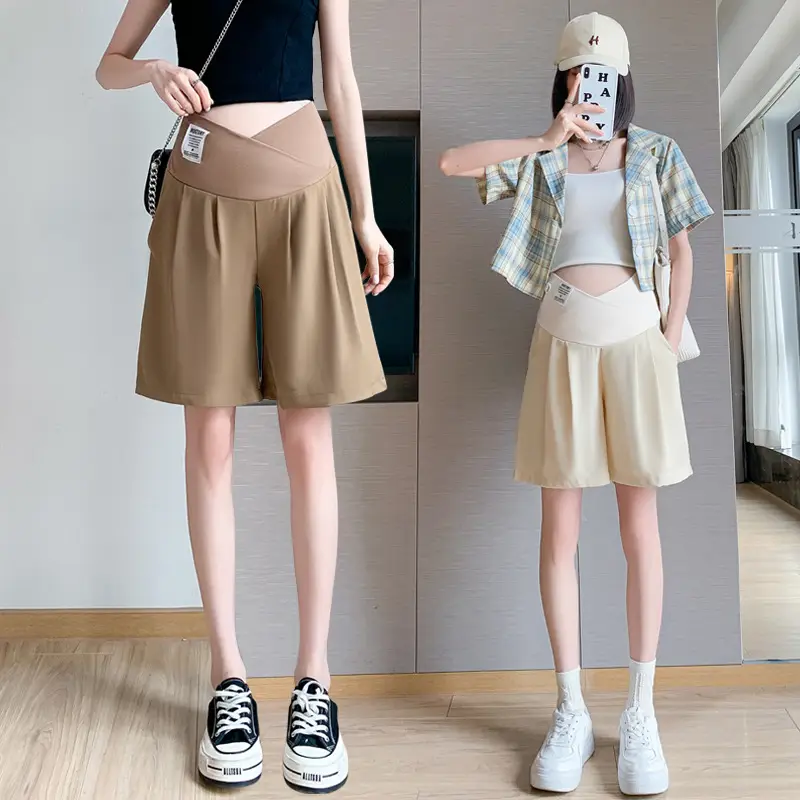 2024 New Maternity Ice Silk Low-Waist Wide-Leg Fashion Slimming Outerwear Five-Point Pants Straight-Leg Suit Shorts - Image 4