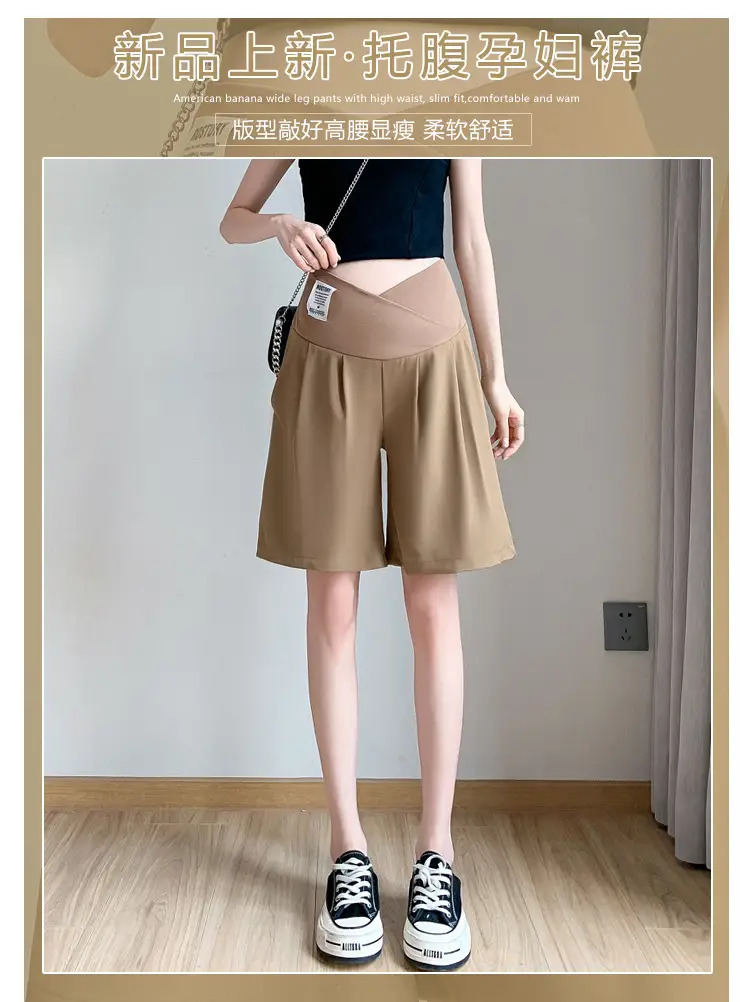 2024 New Maternity Ice Silk Low-Waist Wide-Leg Fashion Slimming Outerwear Five-Point Pants Straight-Leg Suit Shorts — feature 1