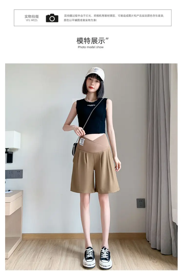 2024 New Maternity Ice Silk Low-Waist Wide-Leg Fashion Slimming Outerwear Five-Point Pants Straight-Leg Suit Shorts — feature 12