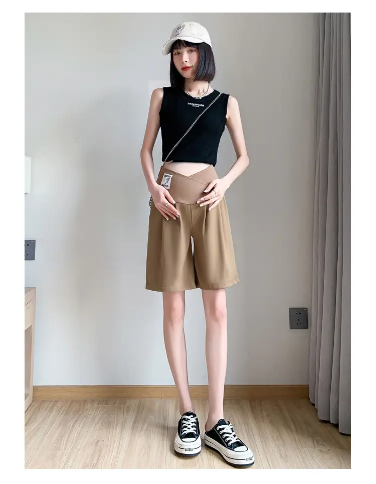 2024 New Maternity Ice Silk Low-Waist Wide-Leg Fashion Slimming Outerwear Five-Point Pants Straight-Leg Suit Shorts — feature 13
