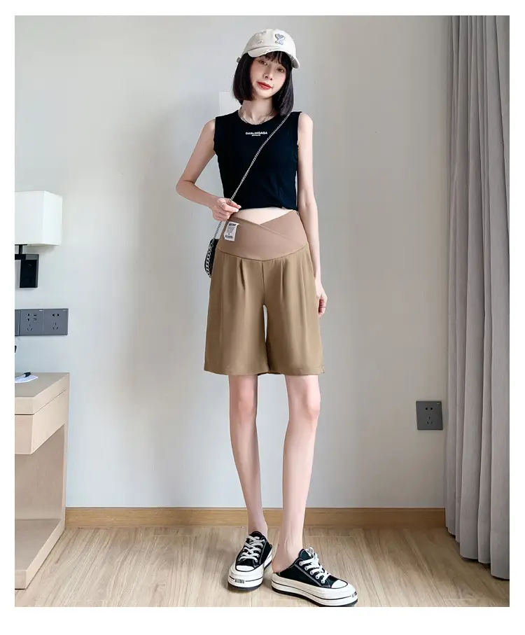2024 New Maternity Ice Silk Low-Waist Wide-Leg Fashion Slimming Outerwear Five-Point Pants Straight-Leg Suit Shorts — feature 14