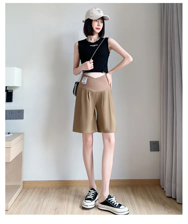 2024 New Maternity Ice Silk Low-Waist Wide-Leg Fashion Slimming Outerwear Five-Point Pants Straight-Leg Suit Shorts — feature 15