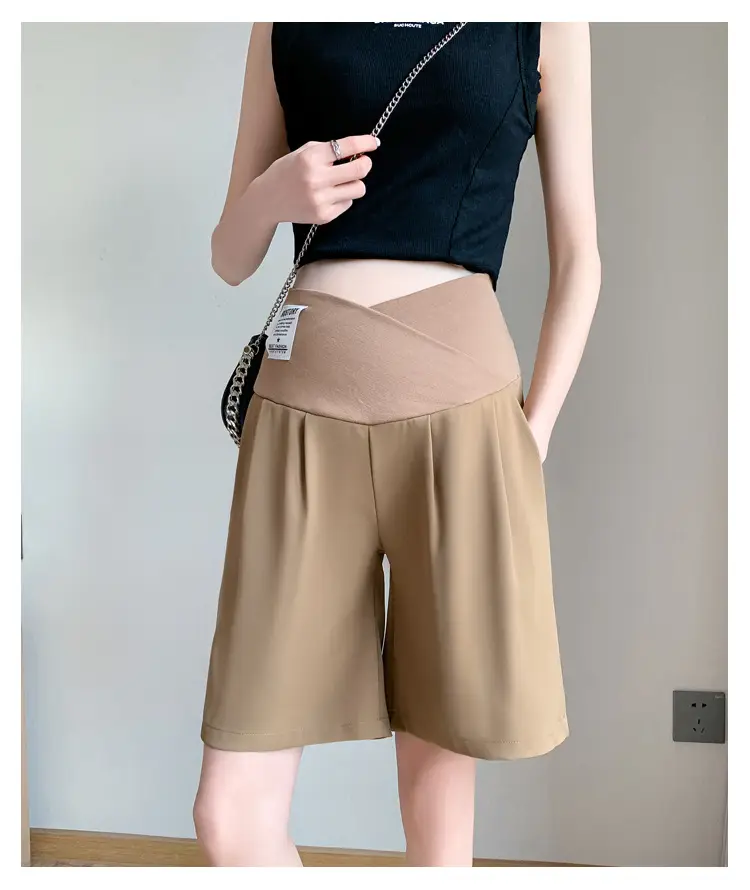2024 New Maternity Ice Silk Low-Waist Wide-Leg Fashion Slimming Outerwear Five-Point Pants Straight-Leg Suit Shorts — feature 16