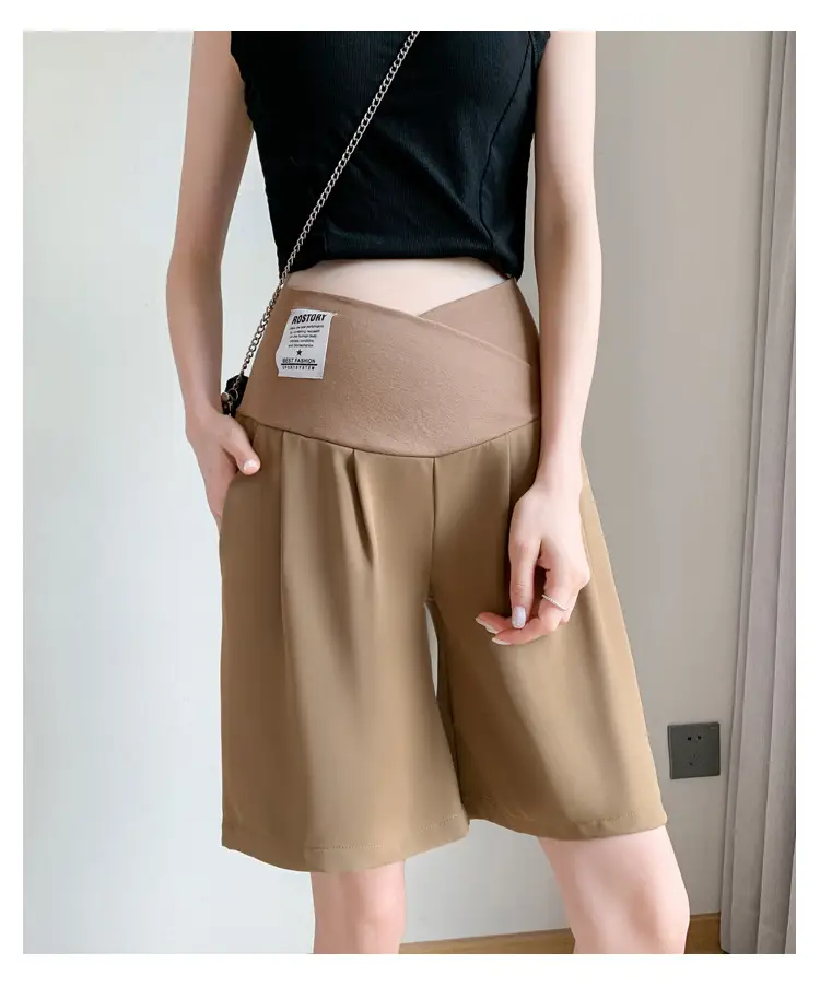 2024 New Maternity Ice Silk Low-Waist Wide-Leg Fashion Slimming Outerwear Five-Point Pants Straight-Leg Suit Shorts — feature 17