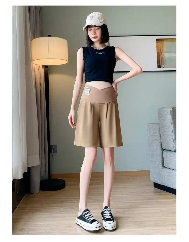 2024 New Maternity Ice Silk Low-Waist Wide-Leg Fashion Slimming Outerwear Five-Point Pants Straight-Leg Suit Shorts — feature 18