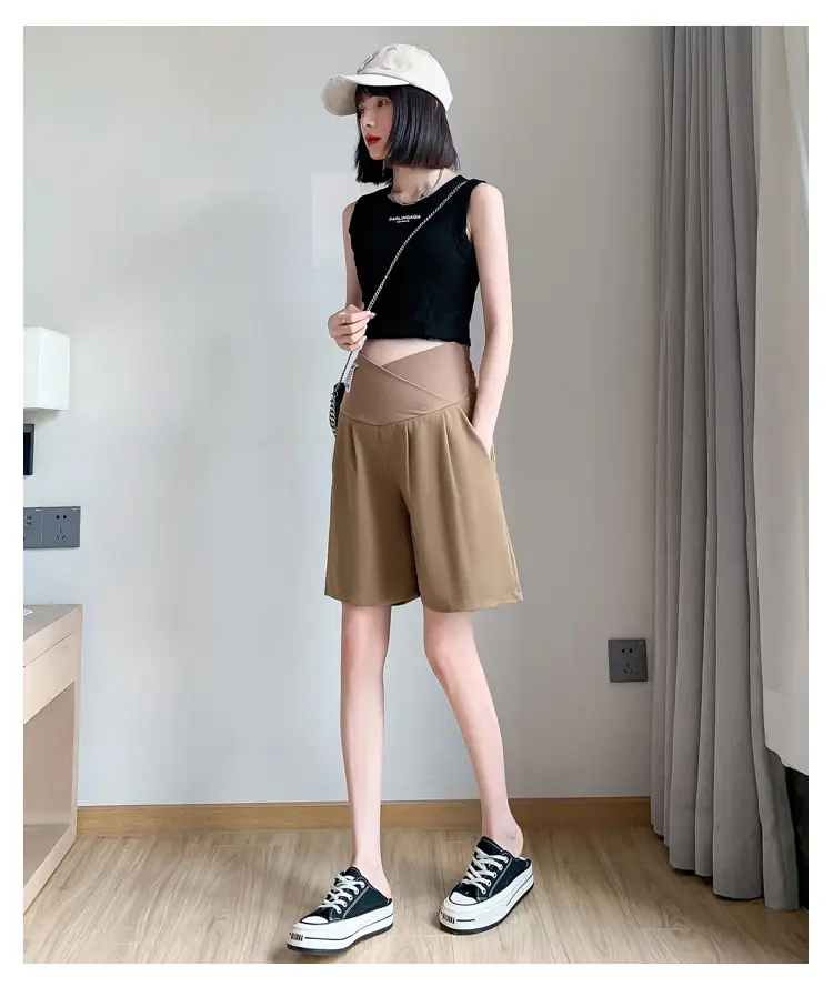 2024 New Maternity Ice Silk Low-Waist Wide-Leg Fashion Slimming Outerwear Five-Point Pants Straight-Leg Suit Shorts — feature 19