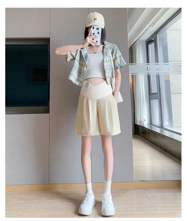 2024 New Maternity Ice Silk Low-Waist Wide-Leg Fashion Slimming Outerwear Five-Point Pants Straight-Leg Suit Shorts — feature 22