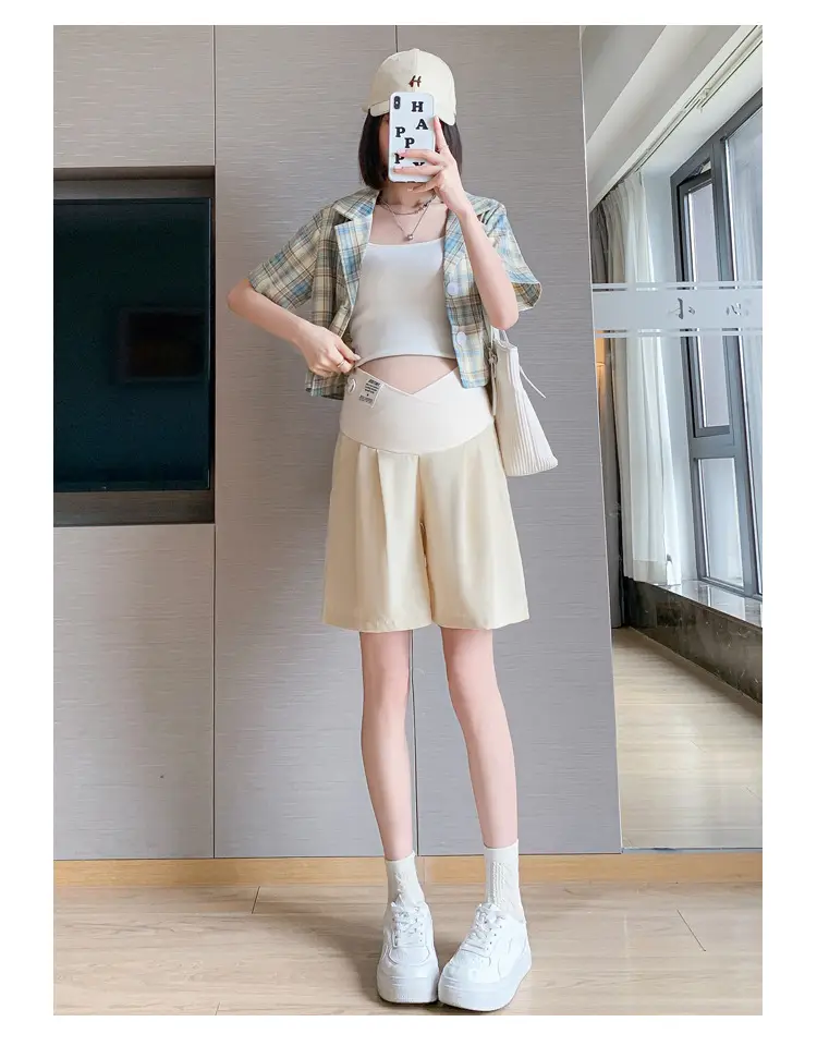 2024 New Maternity Ice Silk Low-Waist Wide-Leg Fashion Slimming Outerwear Five-Point Pants Straight-Leg Suit Shorts — feature 23
