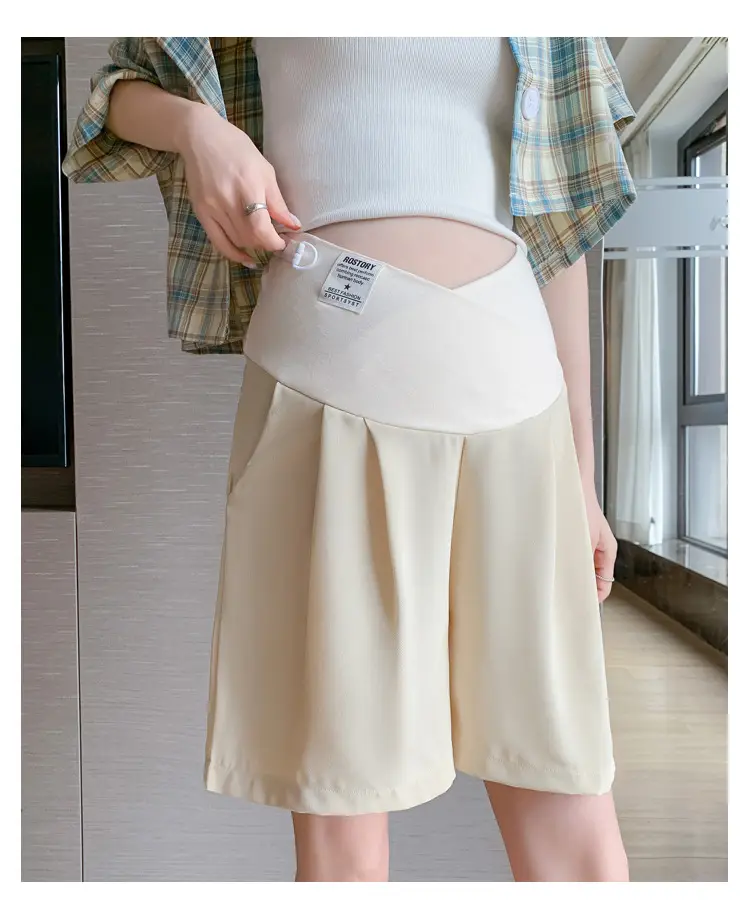 2024 New Maternity Ice Silk Low-Waist Wide-Leg Fashion Slimming Outerwear Five-Point Pants Straight-Leg Suit Shorts — feature 28
