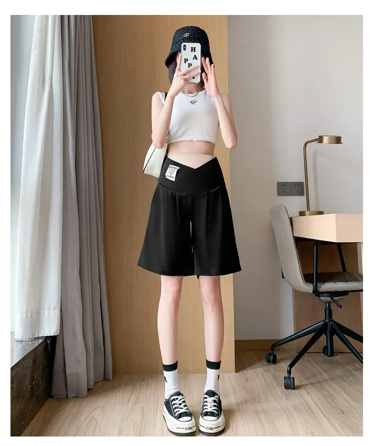 2024 New Maternity Ice Silk Low-Waist Wide-Leg Fashion Slimming Outerwear Five-Point Pants Straight-Leg Suit Shorts — feature 31