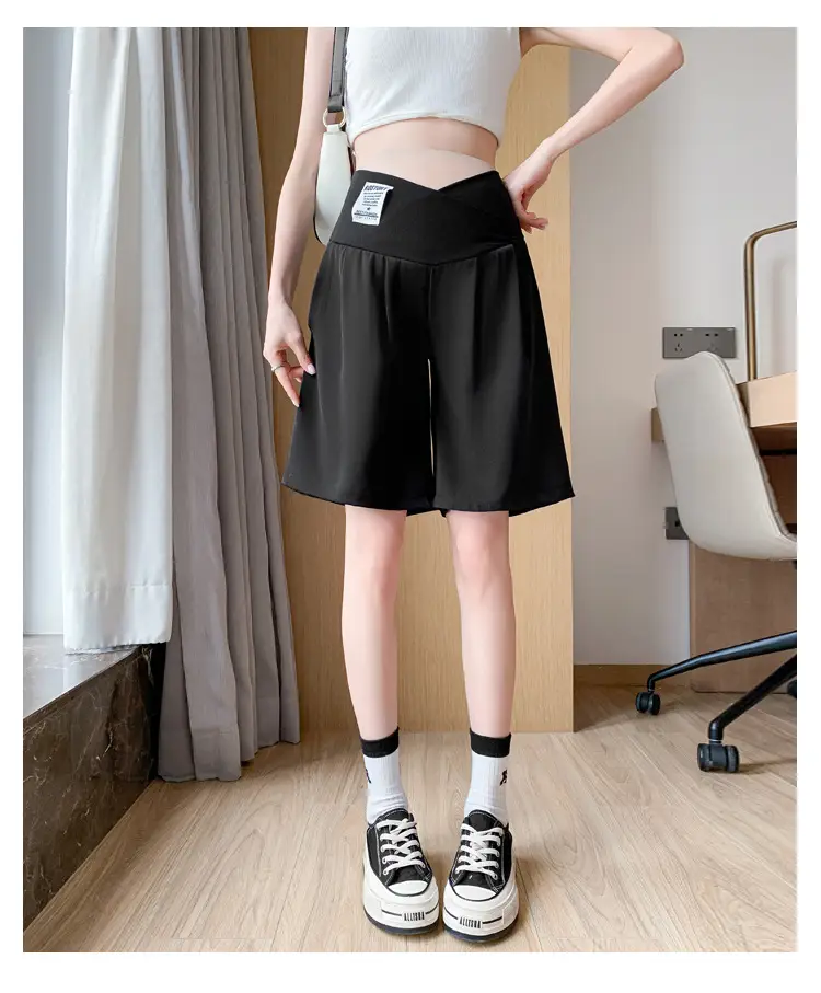 2024 New Maternity Ice Silk Low-Waist Wide-Leg Fashion Slimming Outerwear Five-Point Pants Straight-Leg Suit Shorts — feature 34