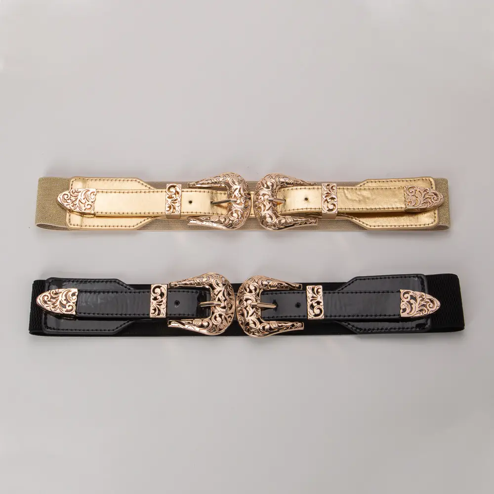 Vintage Hollow Double Buckle Belt Women's Red Elastic Waist Cover - Image 9