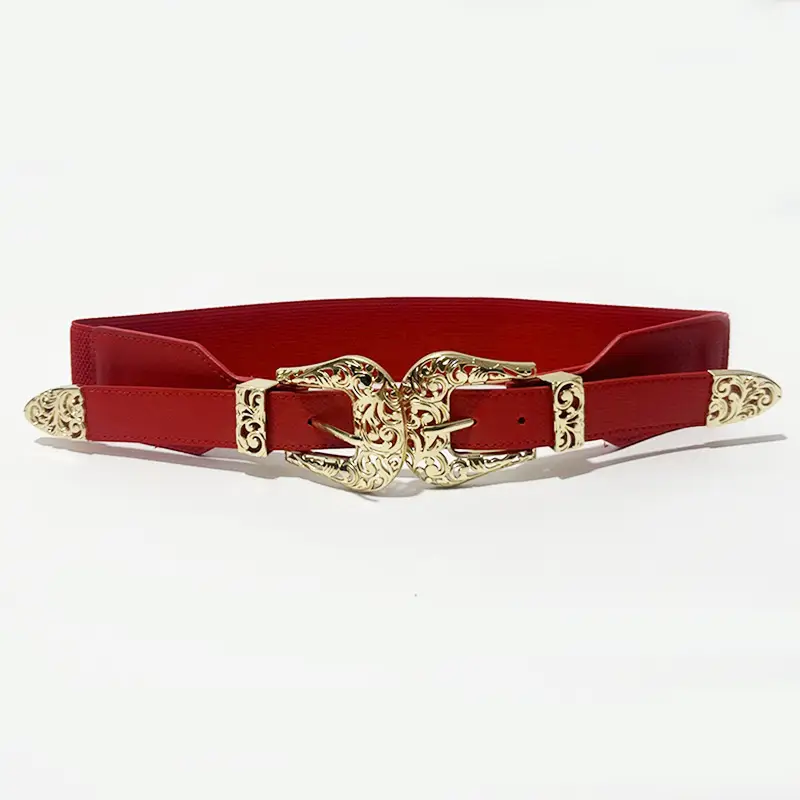 Vintage Hollow Double Buckle Belt Women's Red Elastic Waist Cover - Image 12