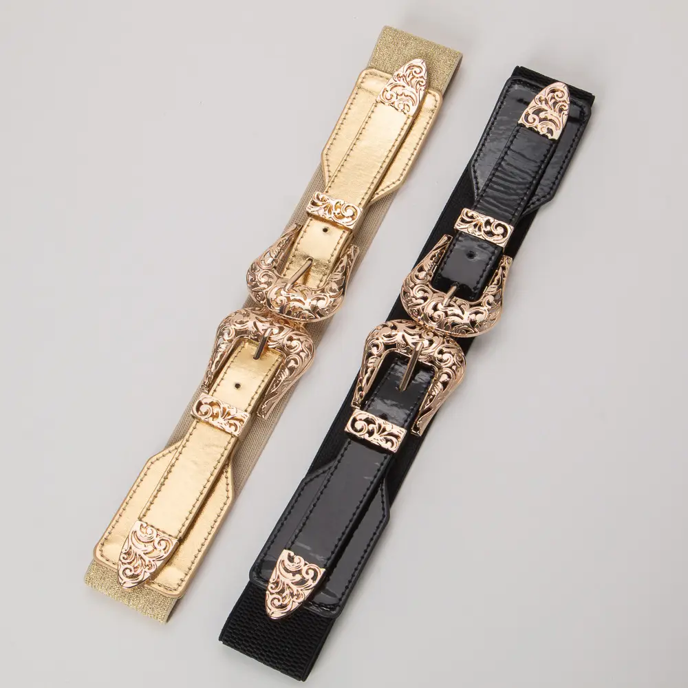 Vintage Hollow Double Buckle Belt Women's Red Elastic Waist Cover — feature 4