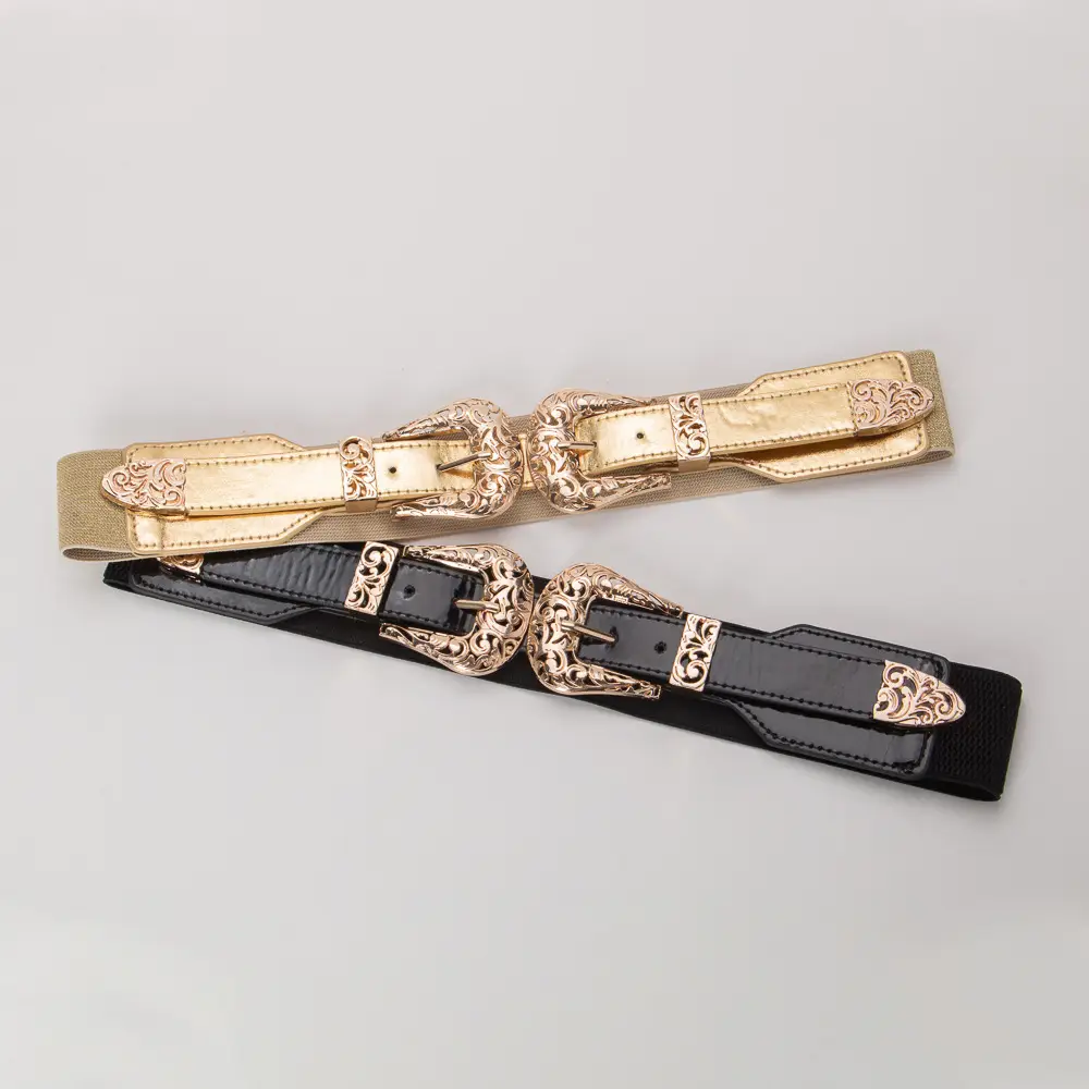 Vintage Hollow Double Buckle Belt Women's Red Elastic Waist Cover — feature 5