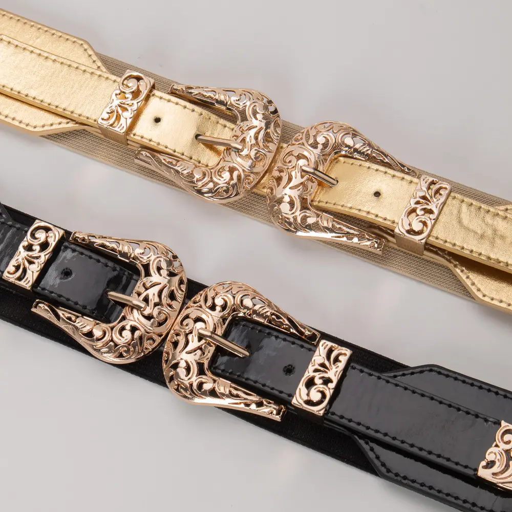 Vintage Hollow Double Buckle Belt Women's Red Elastic Waist Cover — feature 6